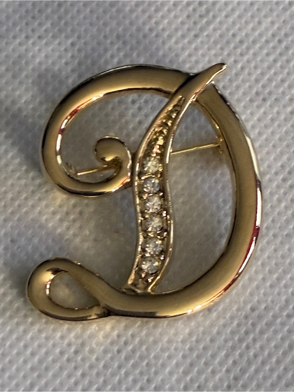 Gold-Tone 'D' Initial Brooch with Rhinestone Accents